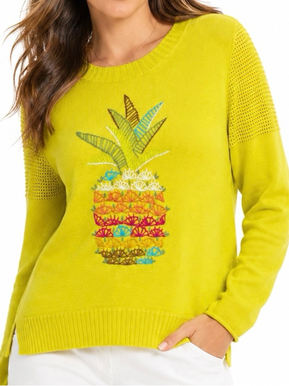 Lisa Todd Pineapple Embroidered Cotton Sweater Yellow Size M